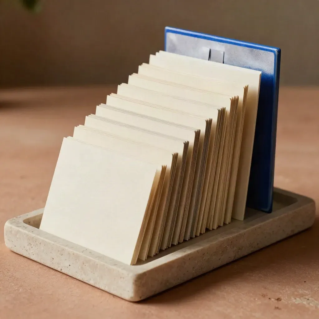 Macro of stepped ivory snippet cards on a limestone tray with a subtle cobalt accent
