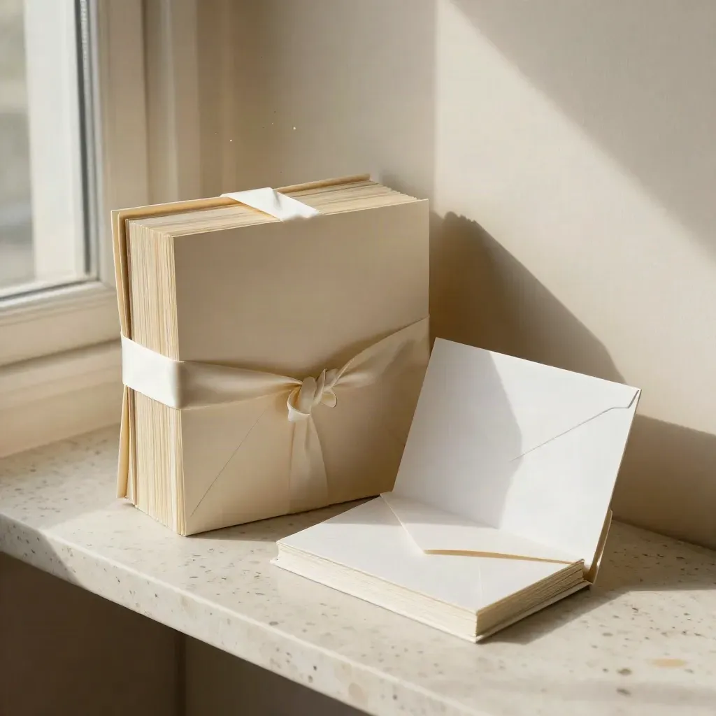 Ribbon-bound email hook set in a cream case with blank inserts, lit by warm window light