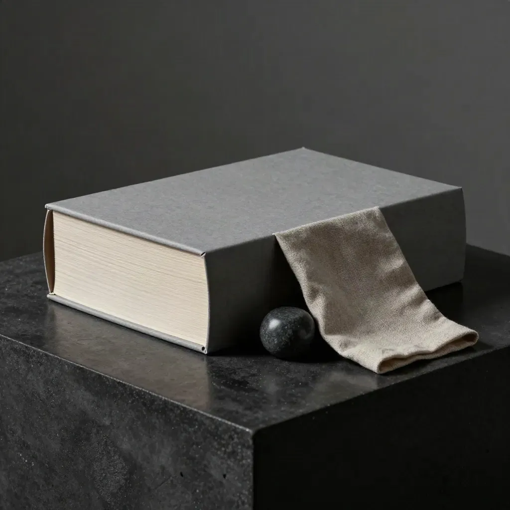 Charcoal guide box with muslin sleeve, stone weight, and mint-tinged tabs on dark concrete.