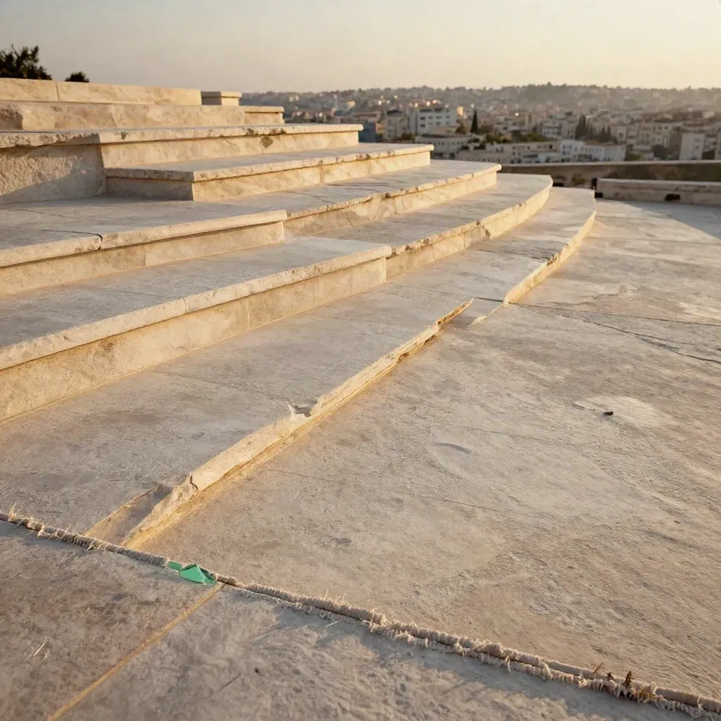 Sandstone terrace at golden hour with linen shade and soft distant city haze.