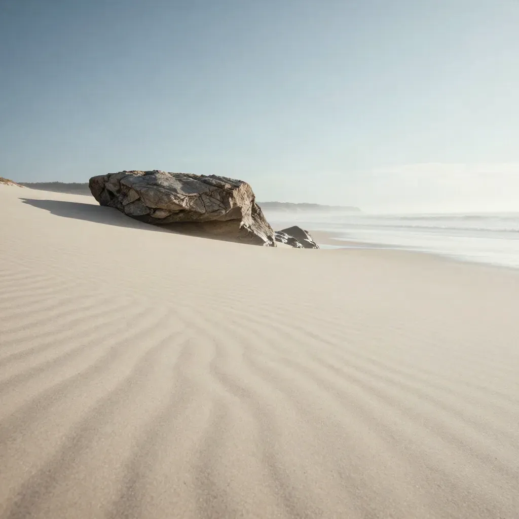 Wind-smoothed sand shelf, low rock, misty coastline, and open sky with a drifting cloud shadow.