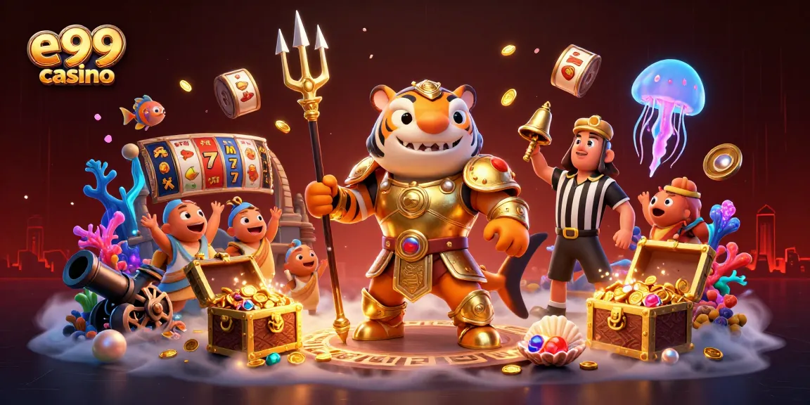 Play thrilling games at e99 casino with a dynamic underwater scene featuring exciting slot elements and lively characters.