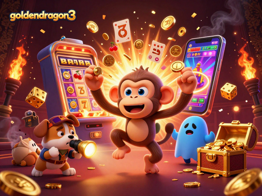goldendragon3 gaming scene with a mischievous monkey and ghost-hunter puppy tracking casino treasures