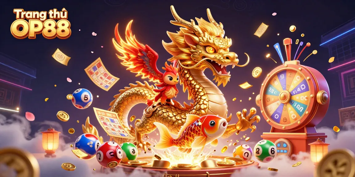 Experience exciting gaming moments on Trang chủ OP88 with dynamic visuals of a golden dragon, phoenix, and prize elements.
