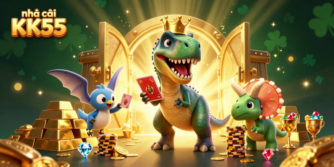 Engage with nhà cái KK55 as a dinosaur-themed 3D casino illustration showcasing vibrant characters and rich casino elements.