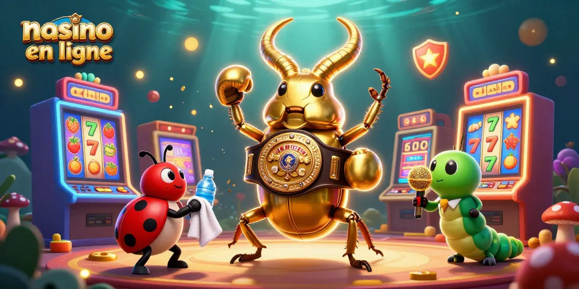 Dans ce nouveau casino en ligne, un scarabée doré se prépare pour un combat avec des machines à sous colorées en arrière-plan.