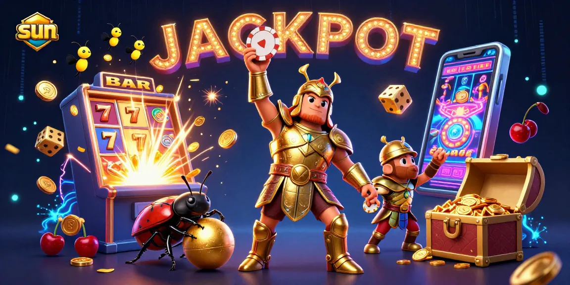 Engaging sun-themed illustration featuring a victorious beetle amidst casino elements highlighting jackpot excitement.