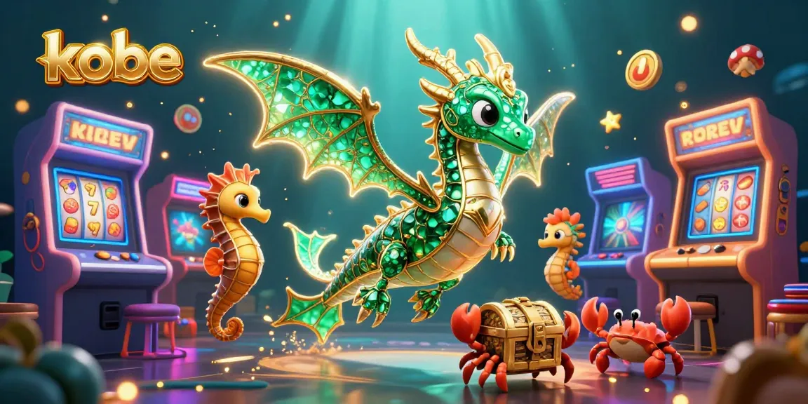 Kobe dazzles in 2026 with a golden sea dragon amidst colorful slot machines and treasures.