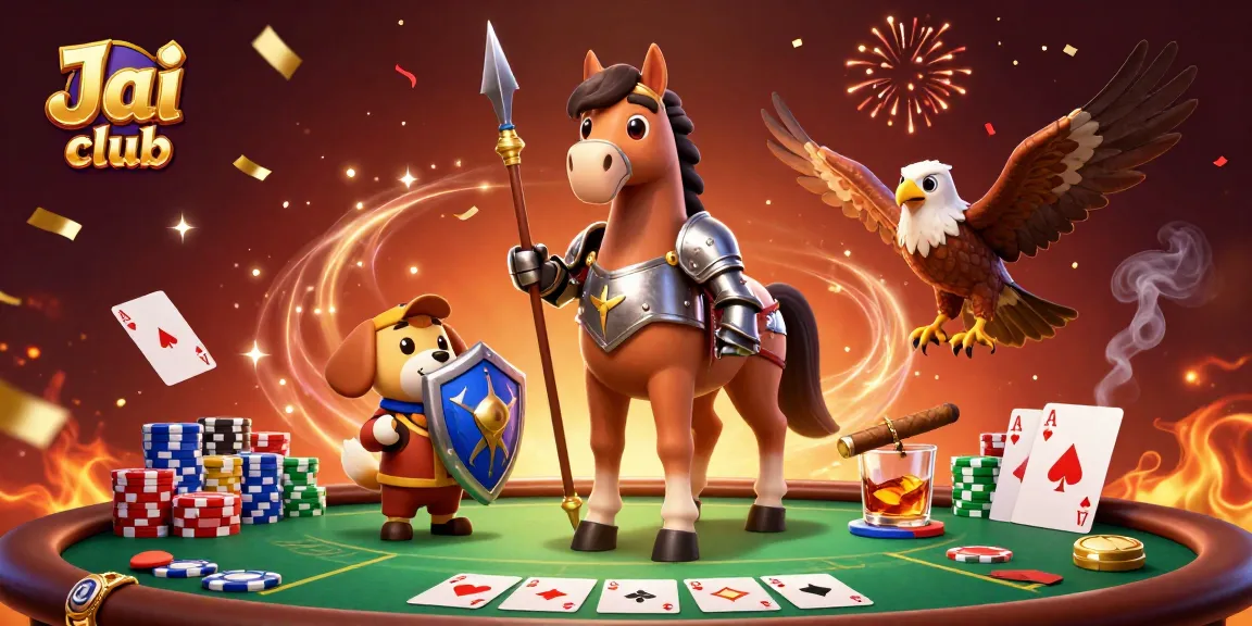 Engage with Jai club gaming fervor, amidst vibrant poker chips and dynamic characters celebrating victories