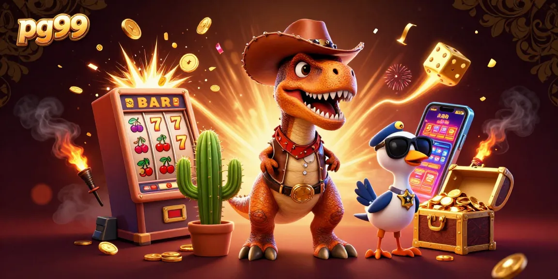 Play casino games with pg99 featuring a vibrant T-Rex dinosaur and slot machine wins.