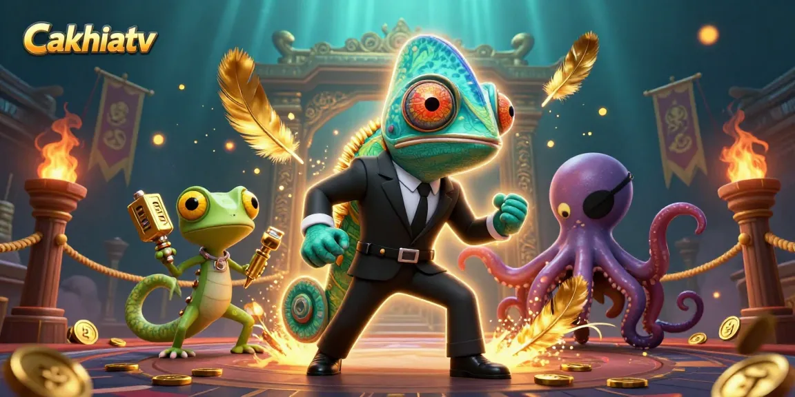 Cakhiatv features a vibrant 3D scene with a colorful chameleon and high-tech companions showcasing betting excitement.