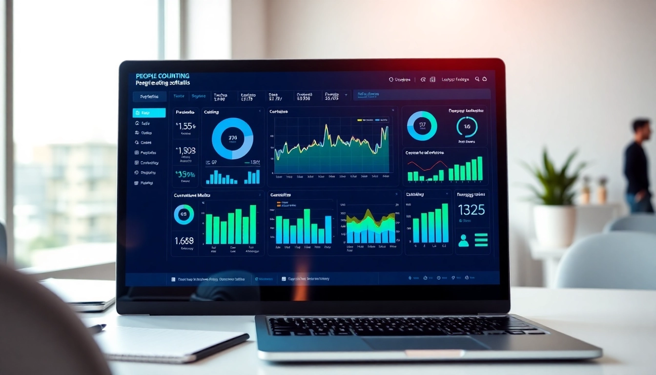 Analyze data with people counting software tools on a modern interface revealing real-time statistics.