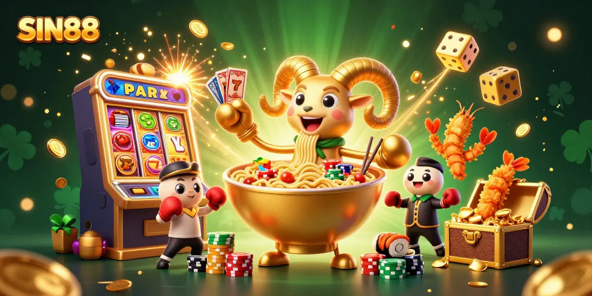 SIN88 showcases a vibrant 3D casino scene with a golden ramen bowl dealer amidst dynamic jackpots and cheerleaders.