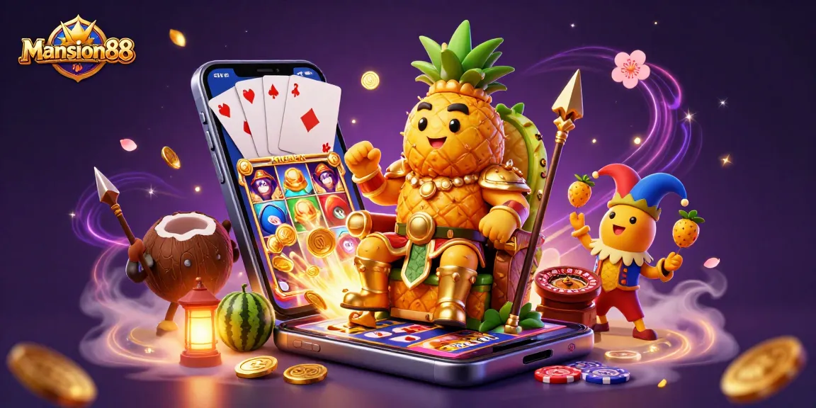 Mansion88 showcases a vibrant beach casino illustration with a golden pineapple king, coconut guards, and dynamic gaming elements.