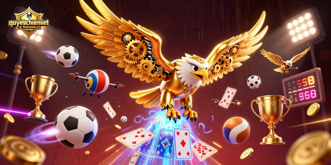 Experience thrilling action in quyetchientienthuong as a golden eagle dives through holographic cards.