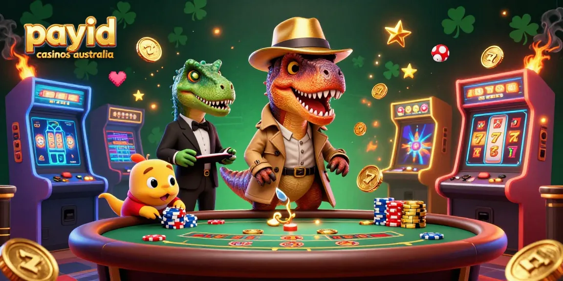 Engaging scene at payid casinos australia featuring a velociraptor card counter with a stegosaurus pit boss and compy pickpocket.