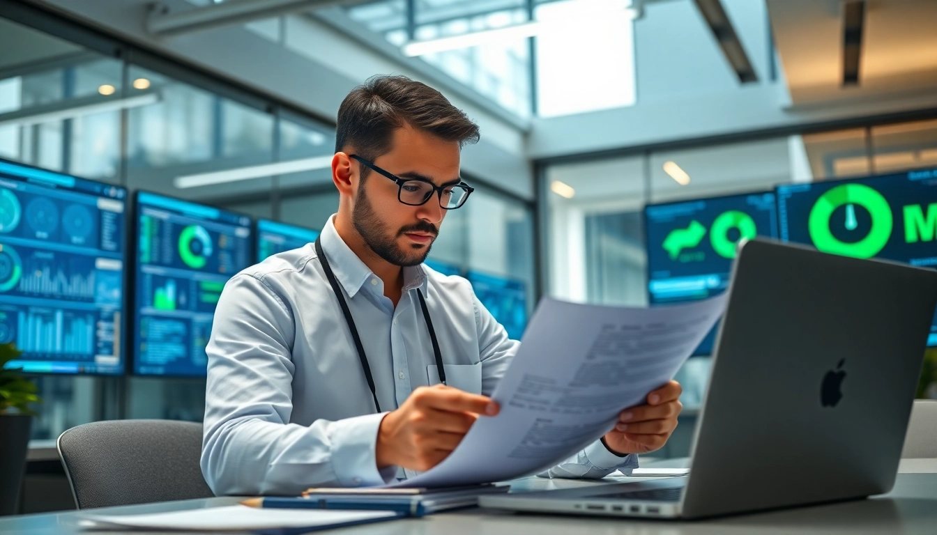 Cyber essentials assessor analyzing security protocols in a modern office environment.