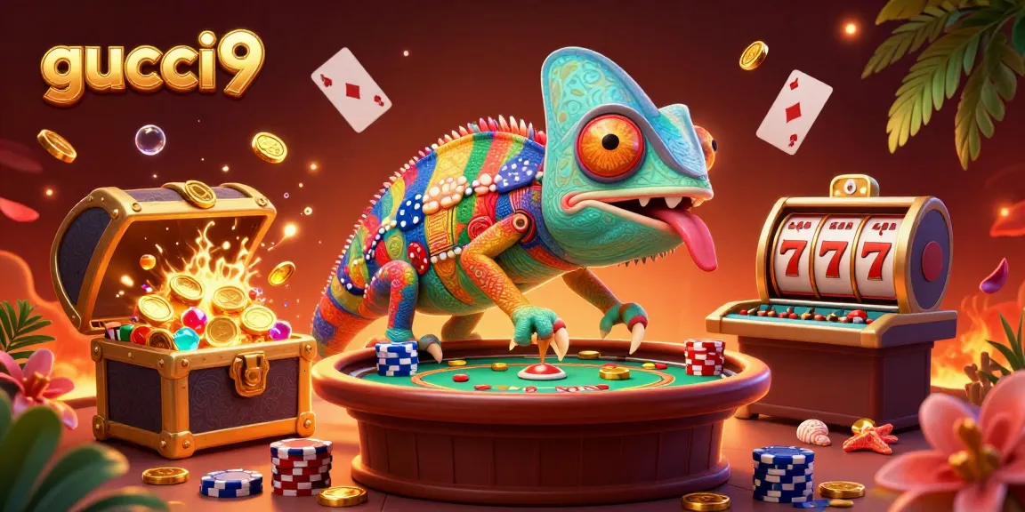 Experience a vibrant casino scene with gucci9, featuring a chameleon casino owner and dynamic game elements.