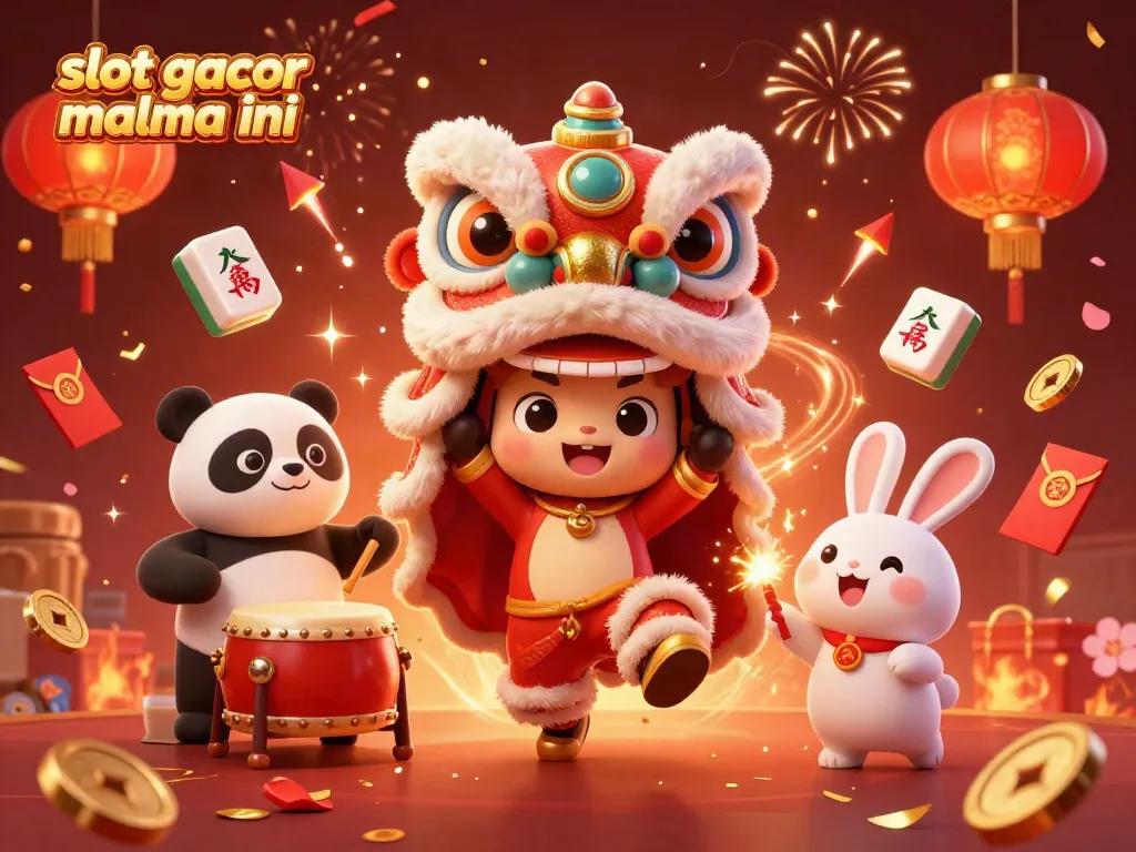 Experience the excitement of slot gacor malma ini with a lively 3D illustration showcasing casino elements and Chinese New Year characters.
