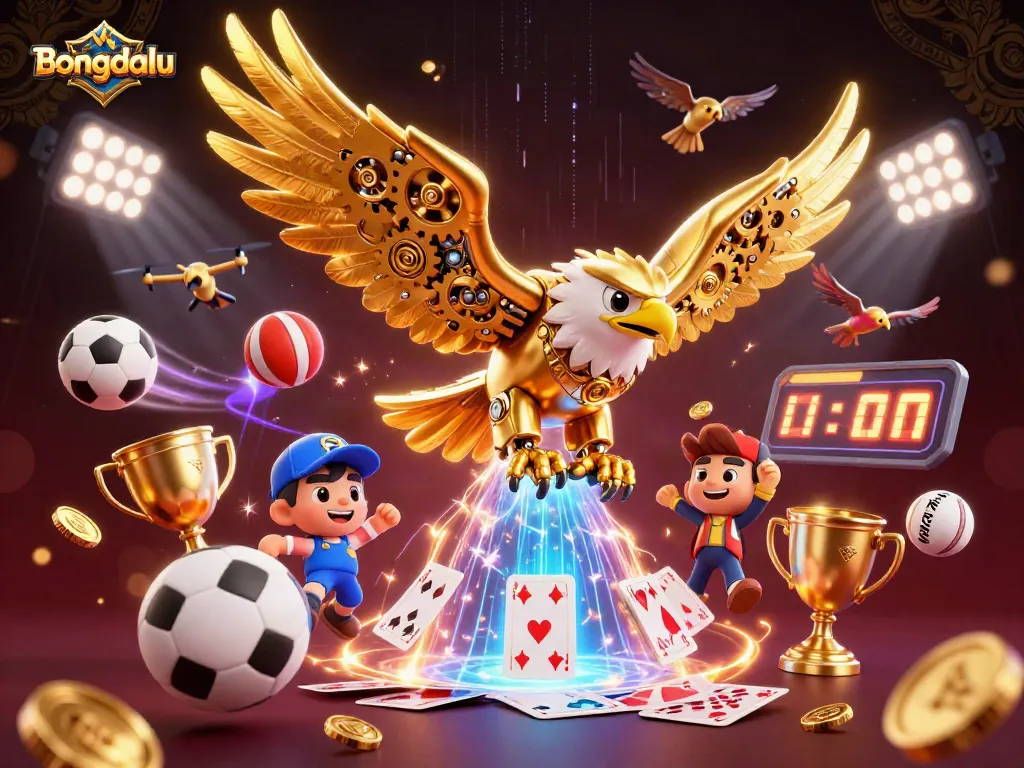 Bongdalu features an energetic 3D rendering of a golden eagle amidst sports elements, highlighting dynamic sports betting.