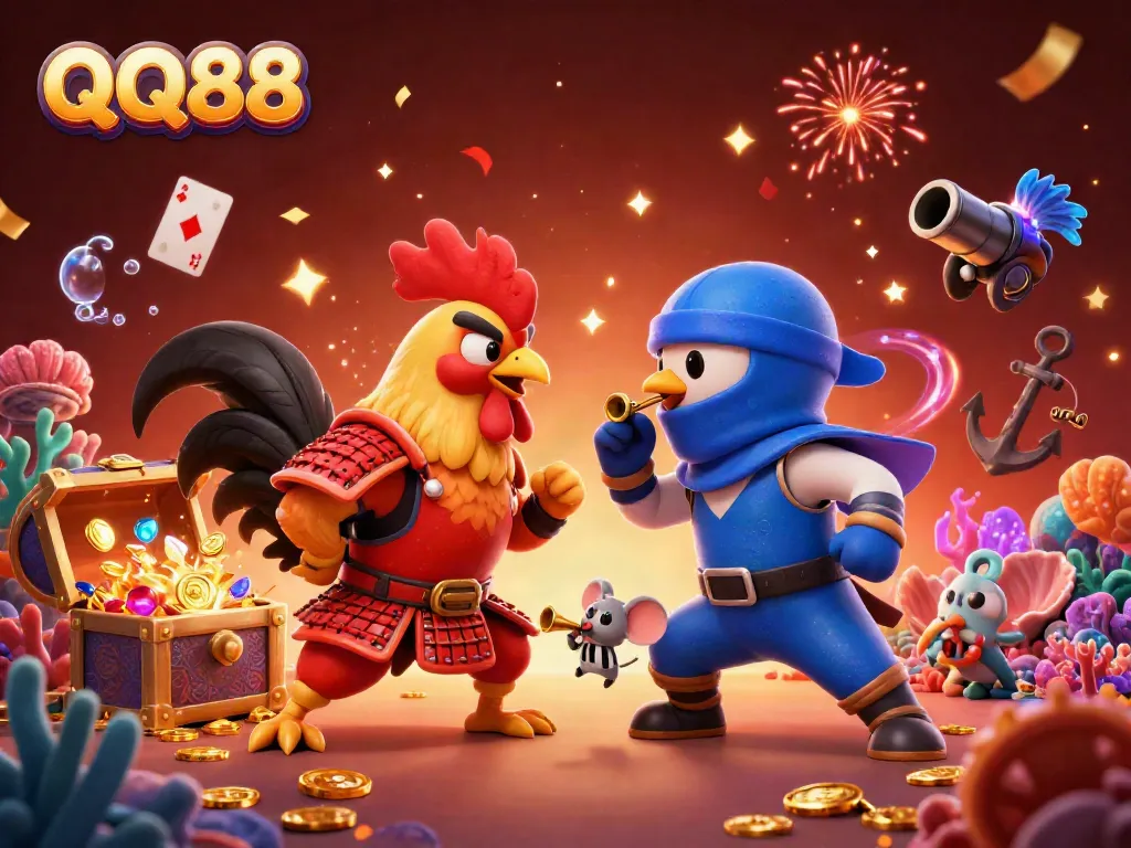 Experience thrilling action at QQ88 with battling roosters in samurai and ninja styles, highlighting casino excitement.