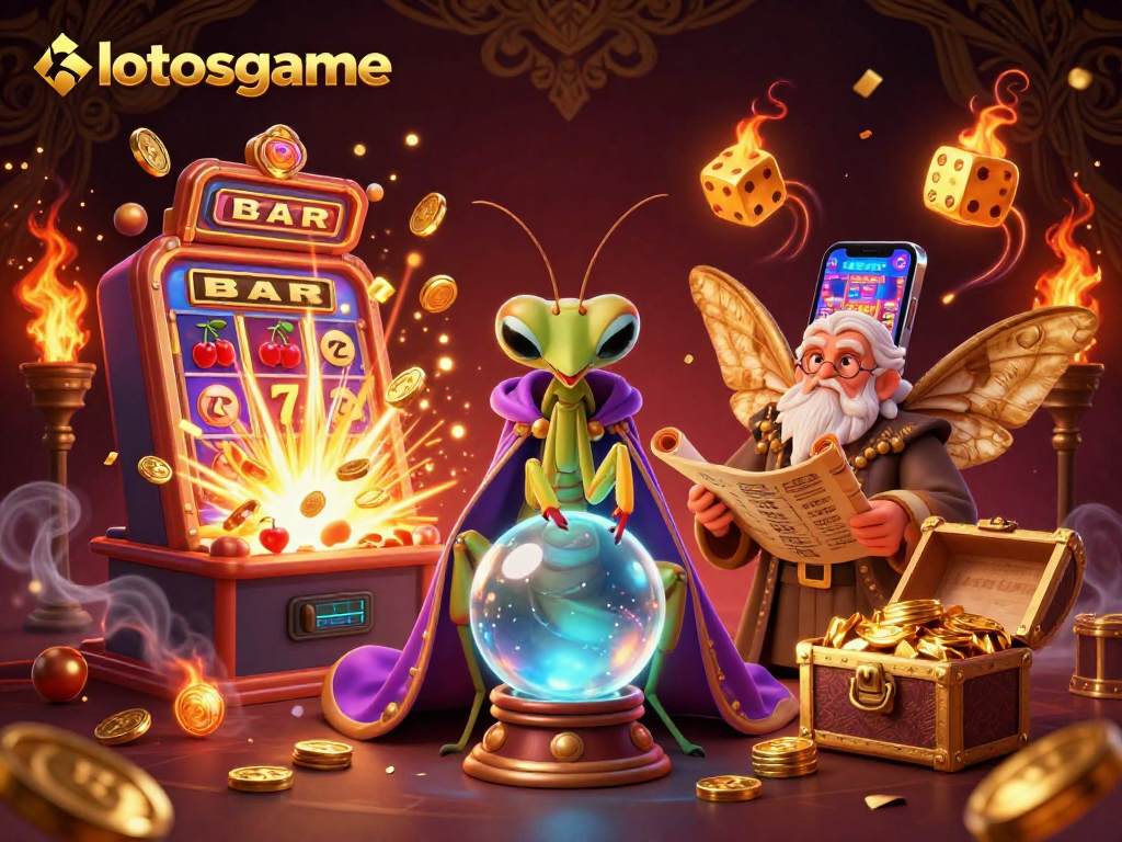 Play thrilling slots on lotosgame with vibrant symbols and a mystical fortune teller guiding players.