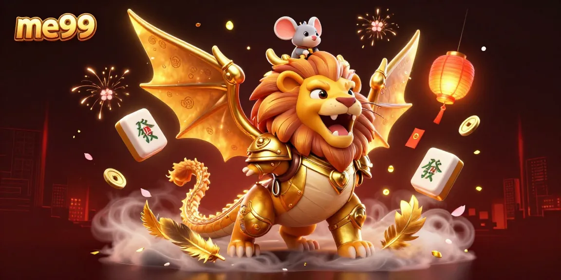 Engage with exciting games at me99, featuring a victorious chimera and vibrant casino elements.