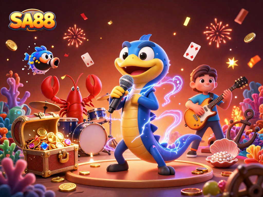 SA88 players engage in thrilling underwater casino life with a vibrant electric eel DJ.