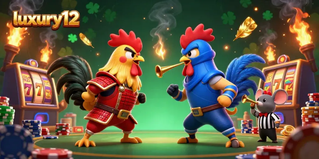 Experience the thrill of luxury12 with cartoon roosters battling in a lively casino scene.