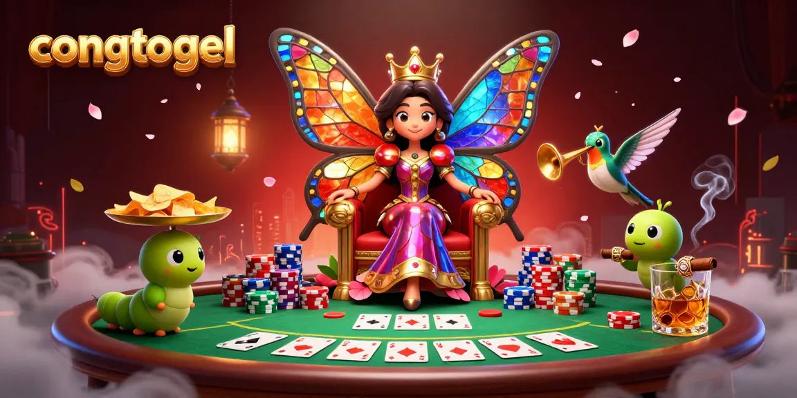 Engage in thrilling gameplay with congtogel as a whimsical illustration featuring a butterfly queen and poker elements.