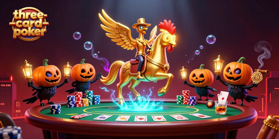 Engage in thrilling three-card-poker action with golden rooster characters and vibrant casino elements.