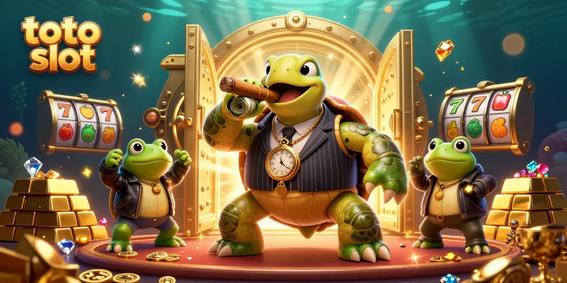 Gambarlah aksi seru di toto slot dengan kura-kura kartun dan pemandangan kasino yang glamor.