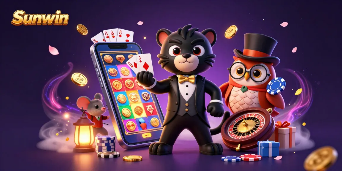 Sunwin showcases a playful scene with a stylish black panther dealing cards and vibrant game elements.