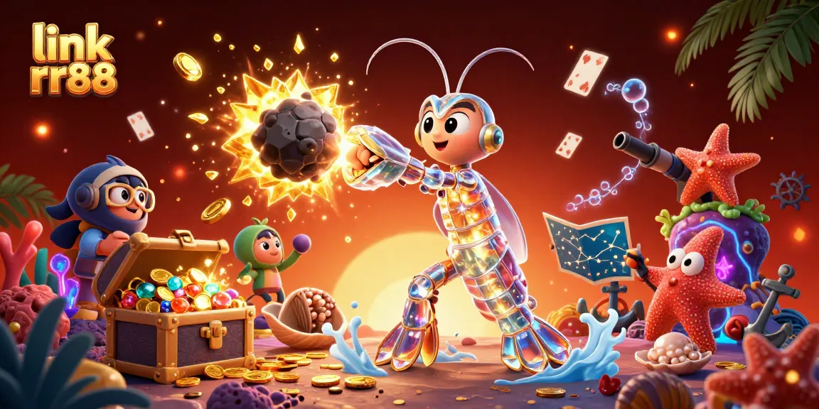 Experience thrilling gameplay with link rr88 as the galactic samurai mantis shrimp conquers an asteroid in a vibrant casino underwater scene.
