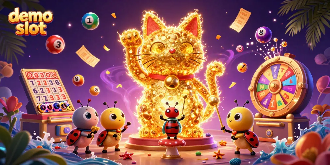 Visualisasi demo slot menampilkan kucing keberuntungan yang dinamis dengan bola lotere berwarna-warni dan elemen kasino menarik.