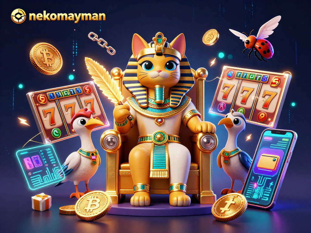 Spin and win with nekomayman, featuring the vibrant Egyptian pharaoh cat and crypto elements.