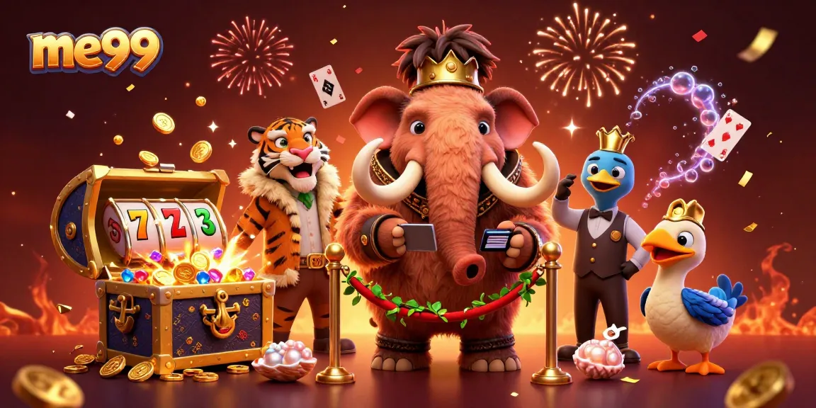 Join the excitement at me99 Casino with a lively scene featuring unique characters celebrating in a vibrant casino atmosphere.