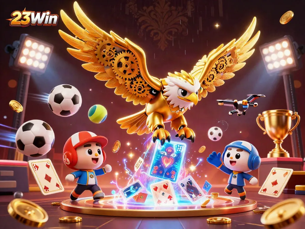 Experience the thrill of sports betting with 23Win's captivating 3D illustration, showcasing dynamic elements and excitement.