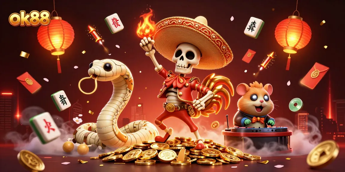 Experience excitement at ok88 with vibrant characters and golden gaming elements in this 3D casino scene.
