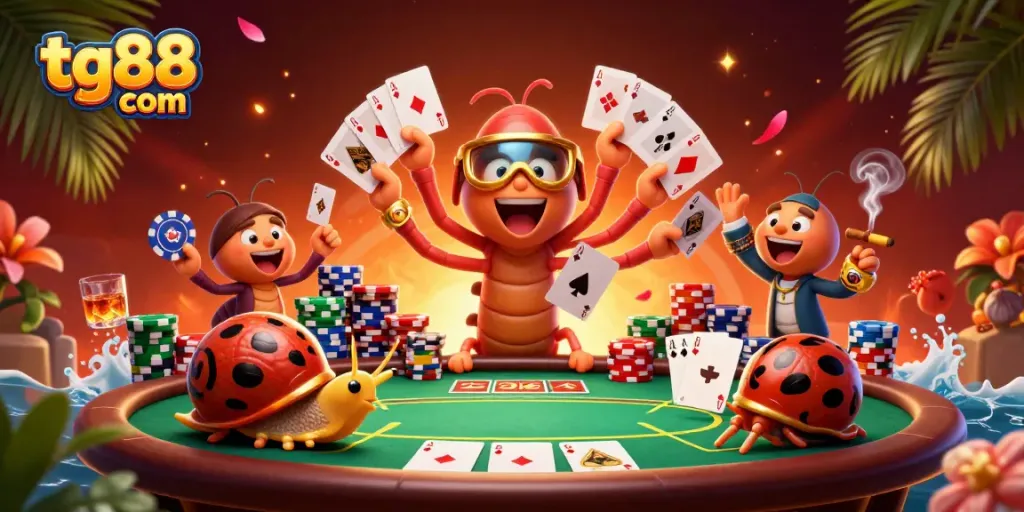 Engage with tg88 com for an exciting poker scene with colorful characters and dynamic game elements.