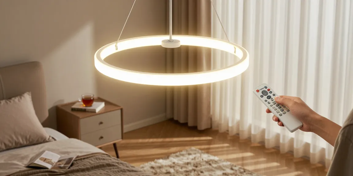 Lustra dormitor modernă cu telecomandă într-un interior elegant și confortabil, iluminare caldă.