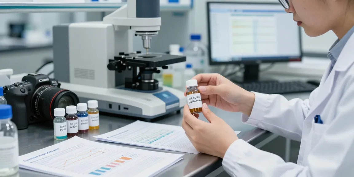 Koi KLOW peptide stack on lab bench with scientist analyzing vials and research data in a modern laboratory.
