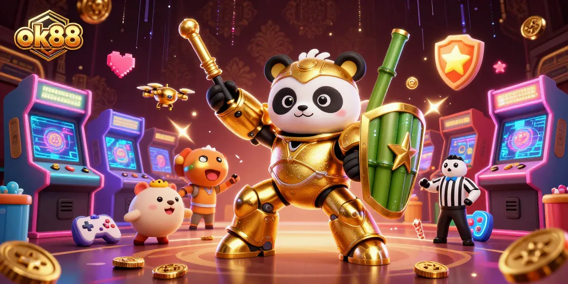 Engage in thrilling gameplay at ok88 with a golden panda piloting a bamboo robot in an electrifying arena.
