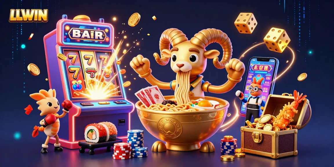 LLWIN casino experience illustrated with a giant ramen bowl dealer and dynamic gaming elements.