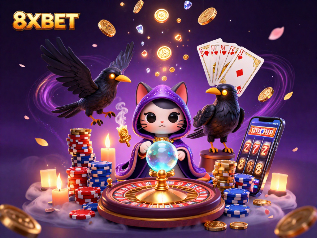 8XBET showcases a mystical casino scene filled with vibrant game elements and animated characters.