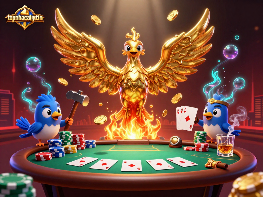 Experience the thrill of gambling with topnhacaiuytinn as molten golden phoenixes emerge from a vibrant casino scene.