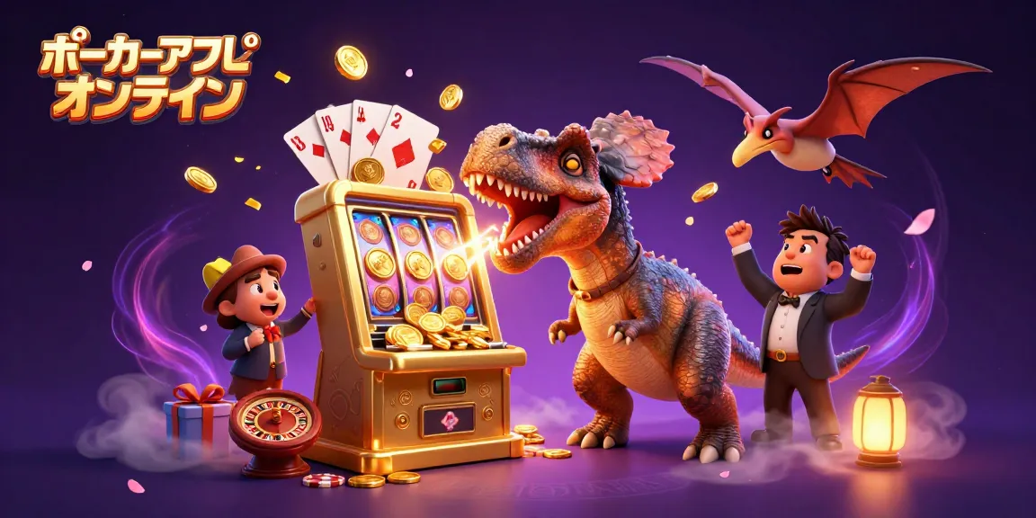 ポーカーアプリ オンラインで、恐竜たちがスロットマシンのジャックポットを奏でるコンクリートなシーン。
