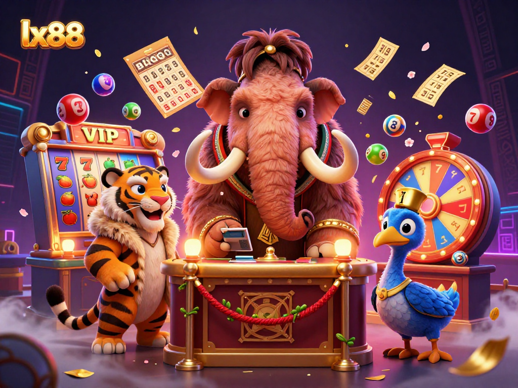 Engage with lx88’s vibrant casino scene featuring a woolly mammoth bouncer, saber-tooth guest, and dodo doorman.