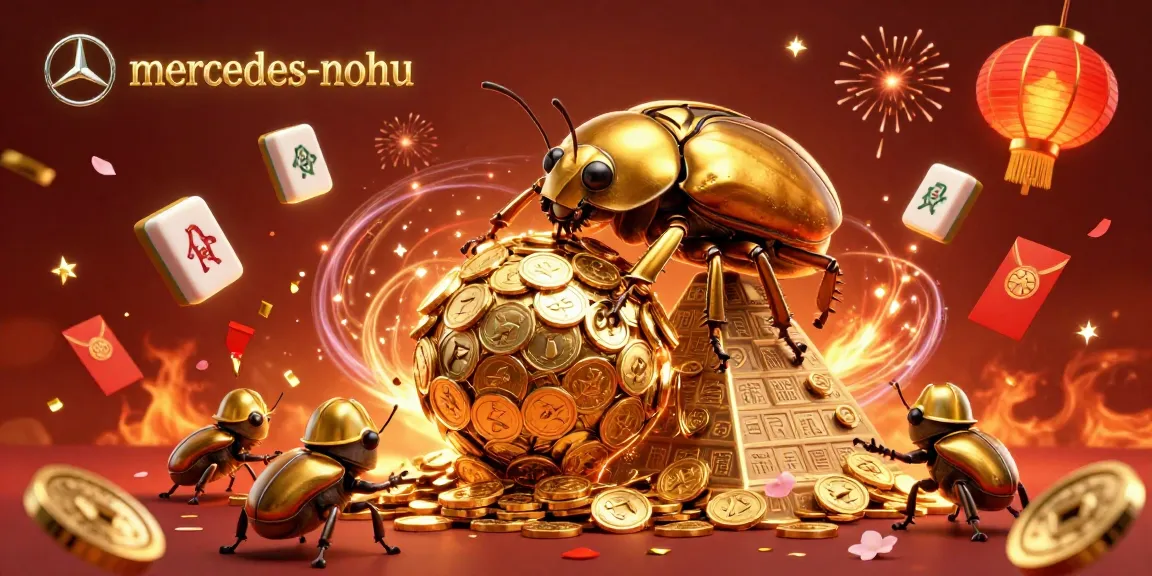 Experience the excitement with mercedes-nohu in this dynamic 3D casino scene featuring golden beetles and festive decorations.
