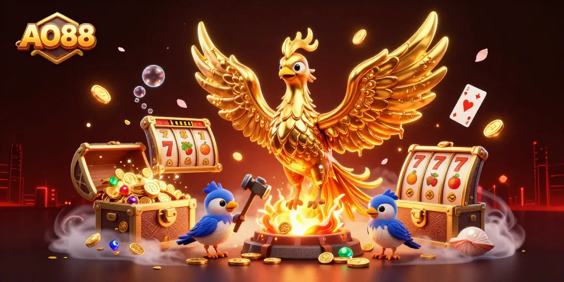 Engage with the AO88 casino experience, showcasing a golden phoenix emerging from a forge and jackpot elements.